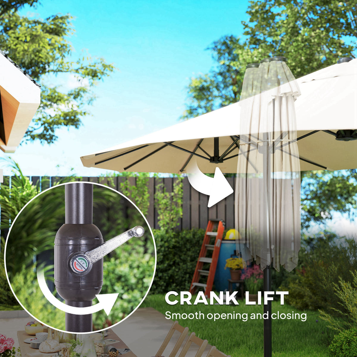 15' Outdoor Patio Umbrella with Twin Canopy Sunshade Steel Table Umbrella with Lift Crank Beige