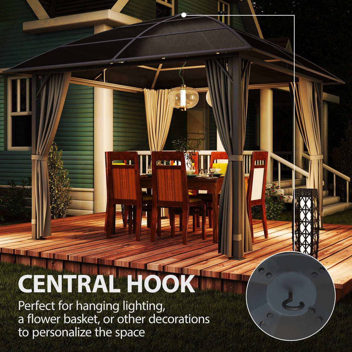10' x 10' Outdoor Hardtop Gazebo Canopy with UV60+ Polycarbonate Roof, Steel Frame, Central Hook, Curtains – view 20