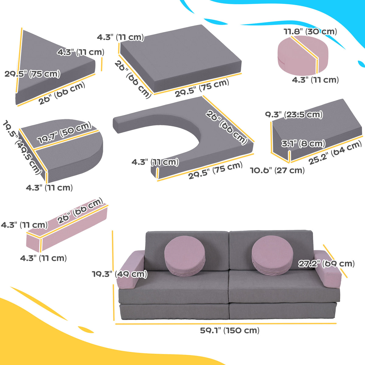 Qaba 12-Piece Modular Kids Play Couch Building Fort for Playroom Bedroom, Convertible Kids Sofa