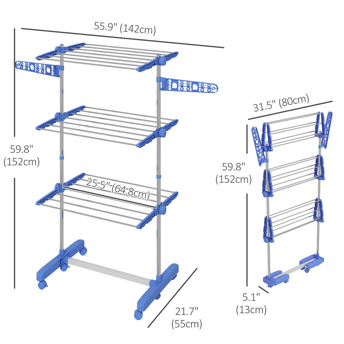 3-Tier Foldable Clothes Drying Rack, Stainless Steel Laundry Rack with 2 Side Wings and 6 Castors – view 2