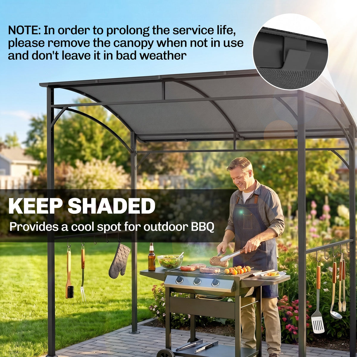 7' x 5' BBQ Grill Gazebo Tent, Garden Grill Canopy with Steel Frame and Hooks, Outdoor Sun Shade, Grey – view 38