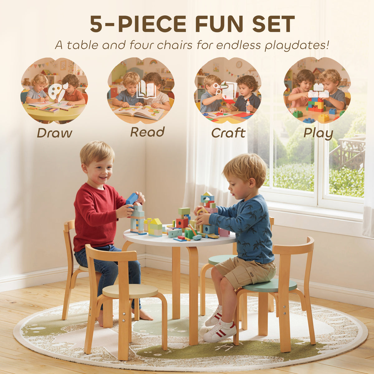 Qaba Wooden Kids Table and Chairs Set, Toddler Table and Chairs Set for 3-8 Years