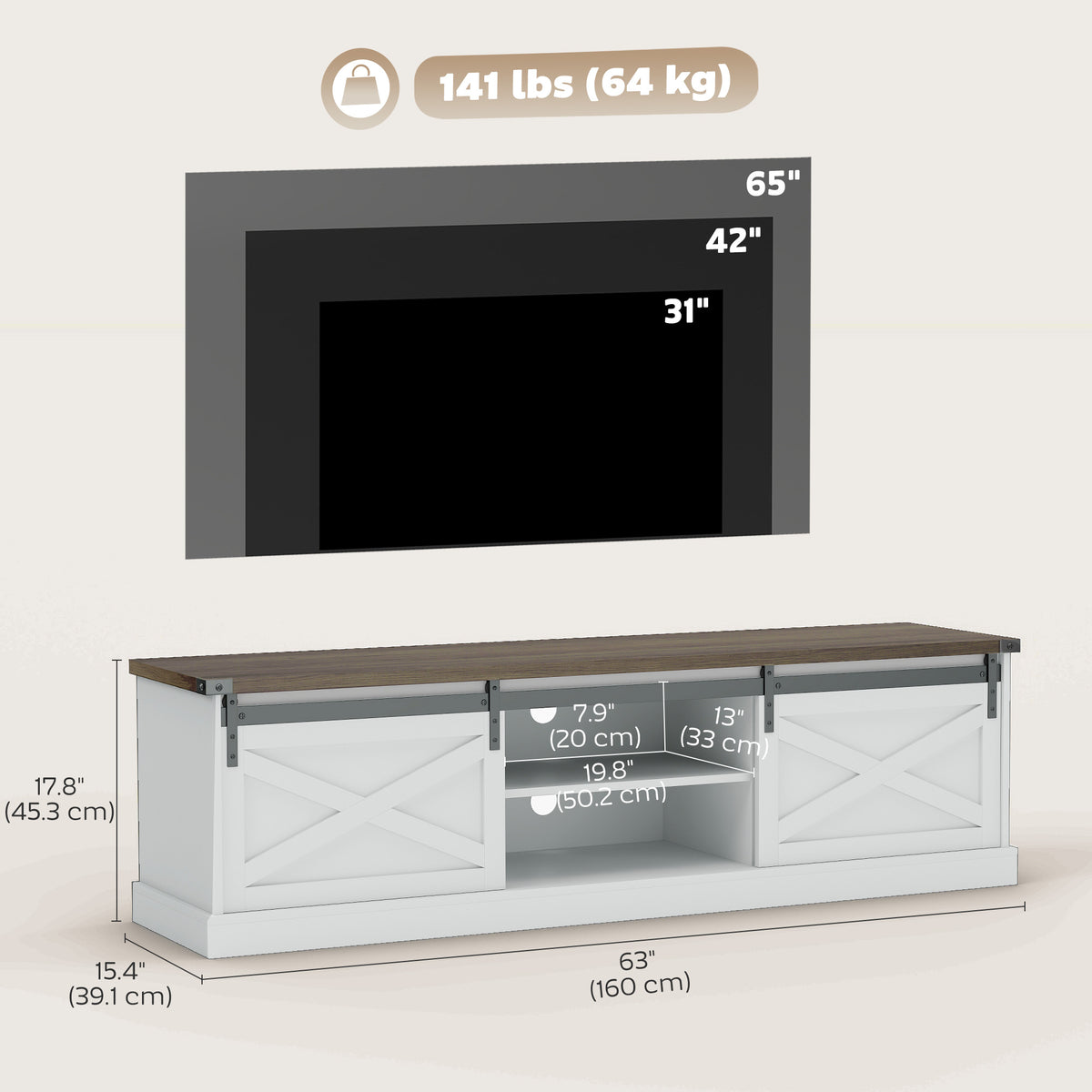 TV Stand for TVs up to 65 Inch, Entertainment Center with Shelves, Cabinets, Sliding Barn Doors, Thick Top, White