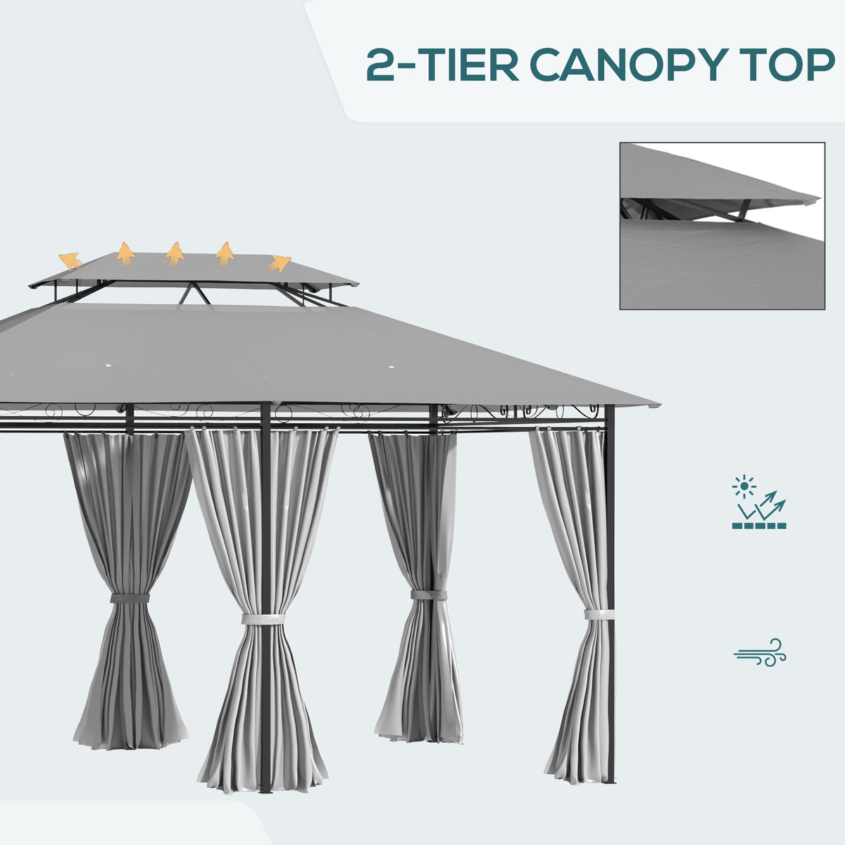 10' x 13' Patio Gazebo, Outdoor 2-Tiers Garden Canopy Yard Sunshade Shelter with Curtains, Khaki – view 10
