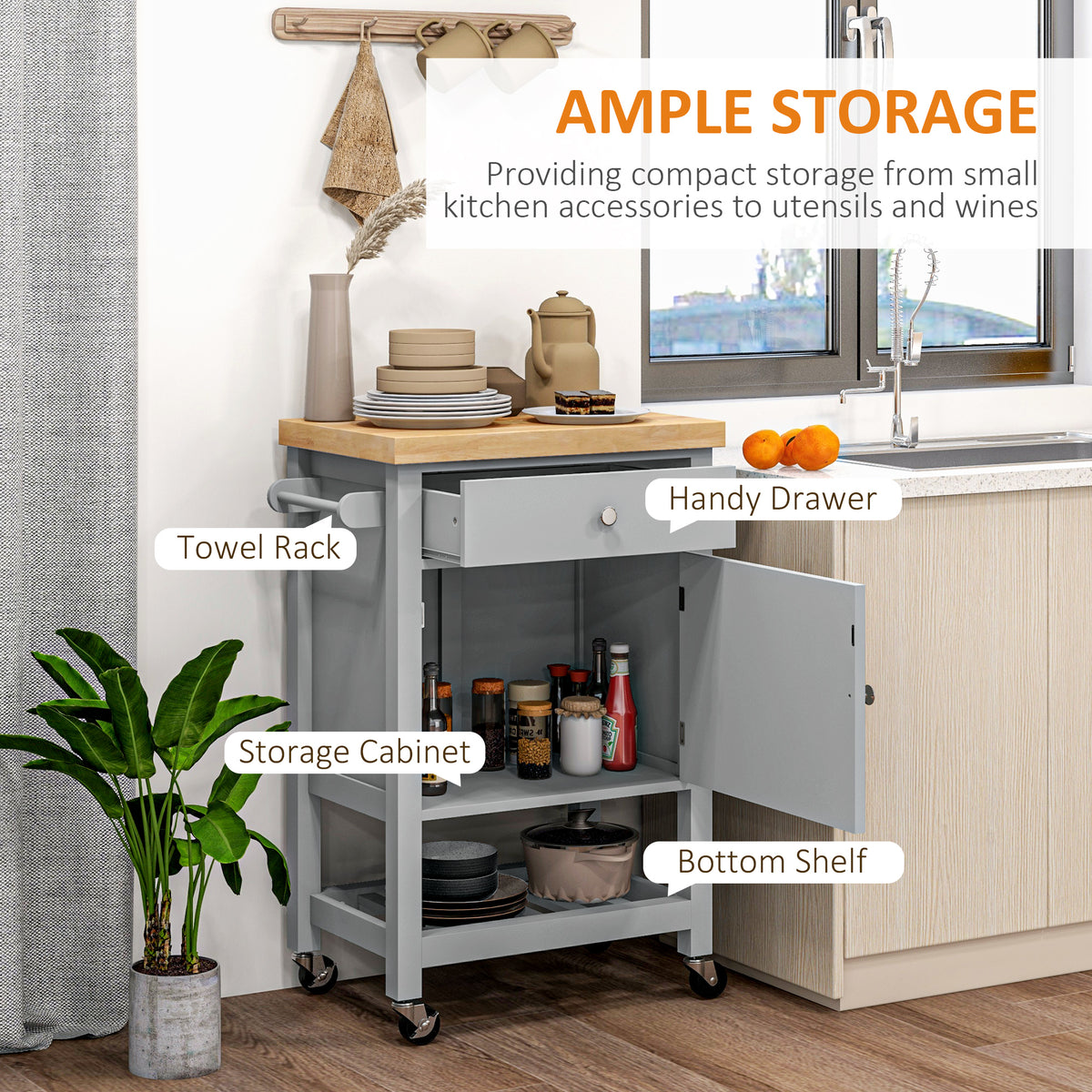 Kitchen Cart on Wheels, Rolling Kitchen Island Cart with Wood Top, Towel Rack – view 3