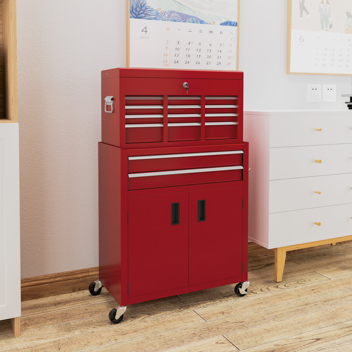 6-Drawer Rolling Tool Chest, 2 in 1 Lockable Storage Cabinet with Hooks, Metal Tool Box for Garage – view 14