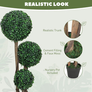 35 Inch Potted Fake Plant Set of 2, Artificial Boxwood Topiary Tree, Triple Ball Tree for Indoor and Outdoor, Green