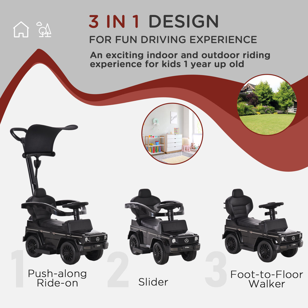 Aosom Mercedes-Benz G350 Licensed Push Car, 3-in-1 Toddler Sliding Car with Horn, Steering, Foot Rest, Seat Storage
