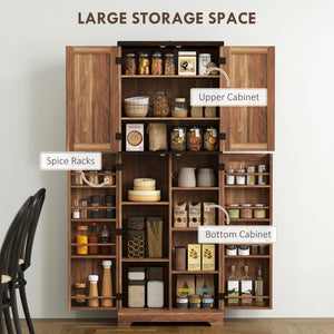 64" Tall Kitchen Pantry Cabinet with Spice Racks and Adjustable Shelves, Black Wood Grain