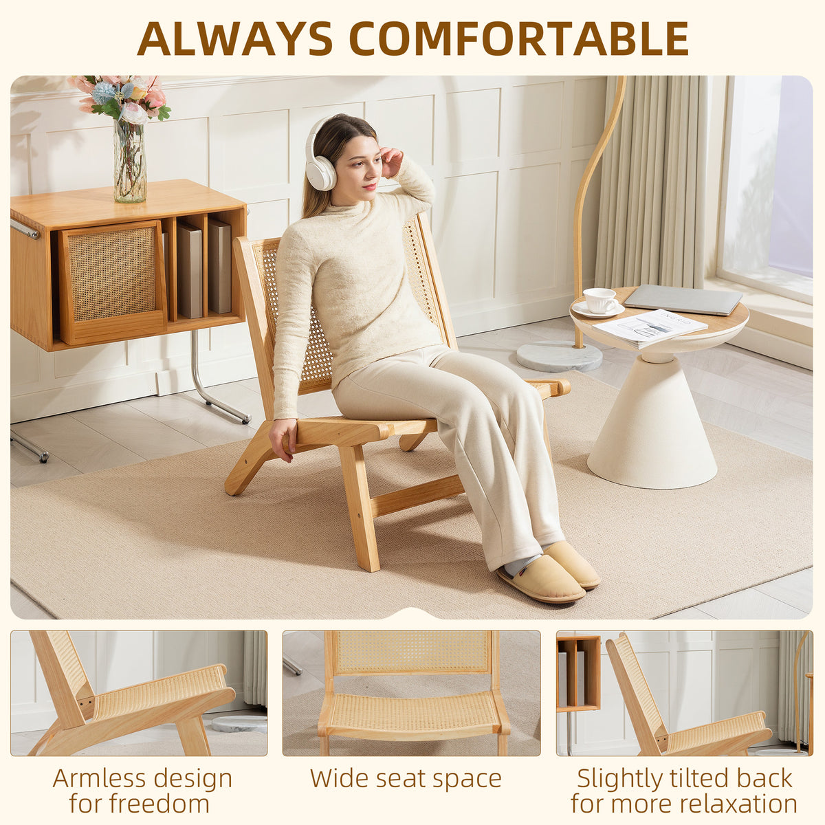 Rattan Accent Chair, Mid-Century Leisure Chair with Rubber Wood Frame, for Bedroom Living Room, Natural