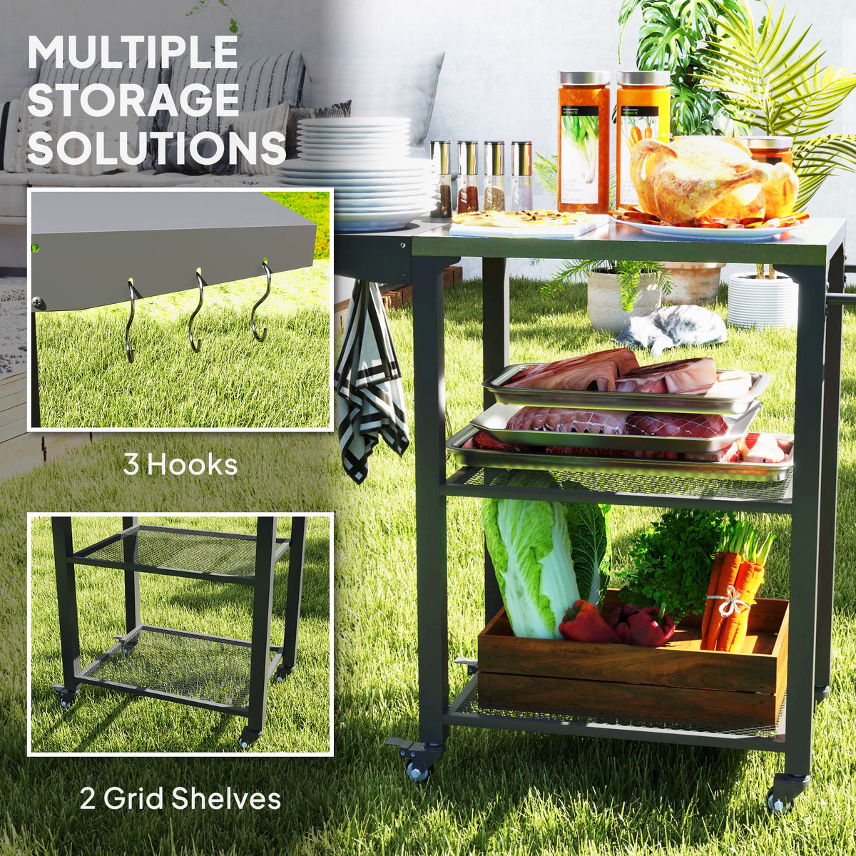 3-Shelf Outdoor Grill Cart Table with Side Handle, Stainless Steel Pizza Oven Stand on Wheels, Black – view 12
