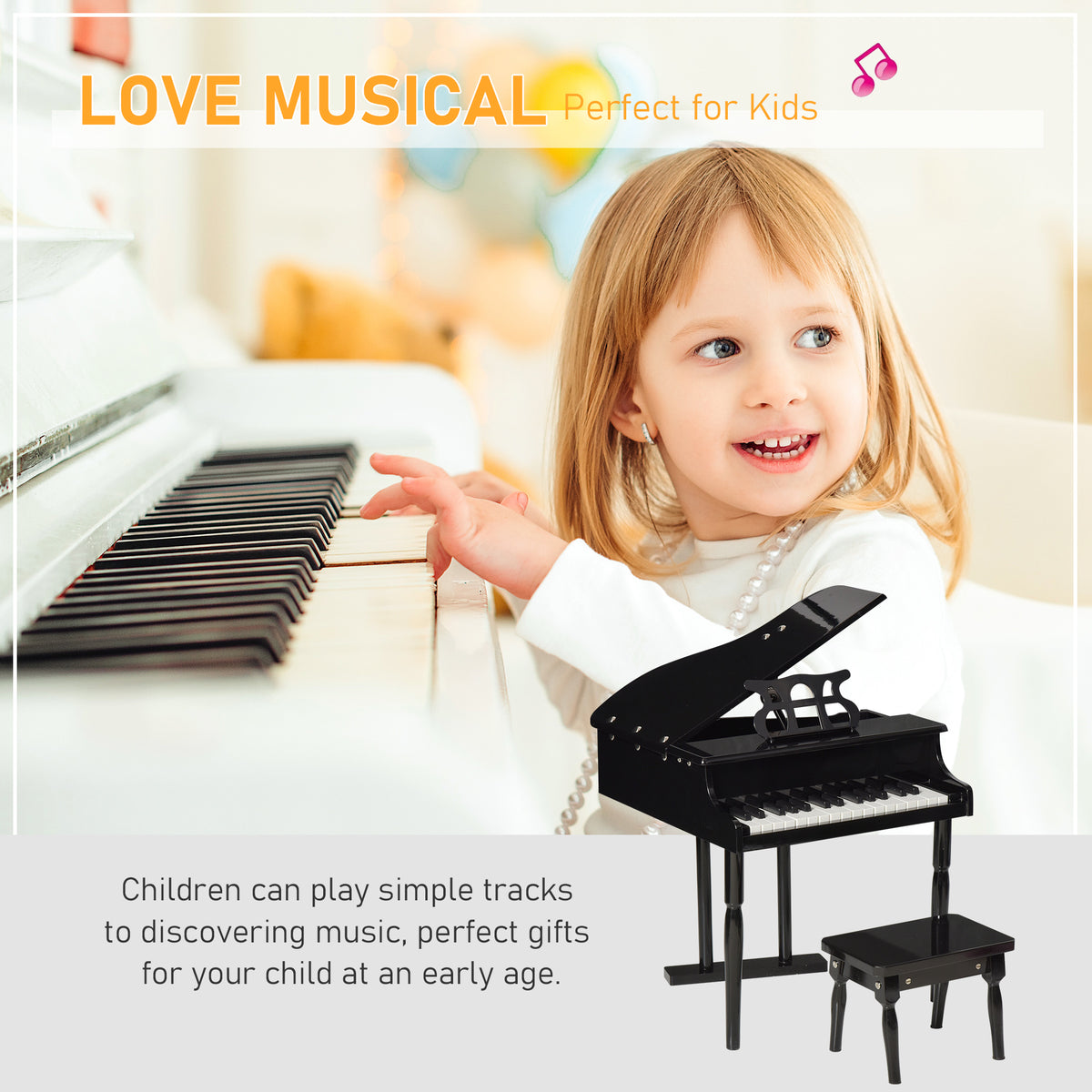 Modern Kids Piano, 30 Keys, Set of 2, Mini Toy for Child, Grand Piano with Music Stand and Bench – view 3