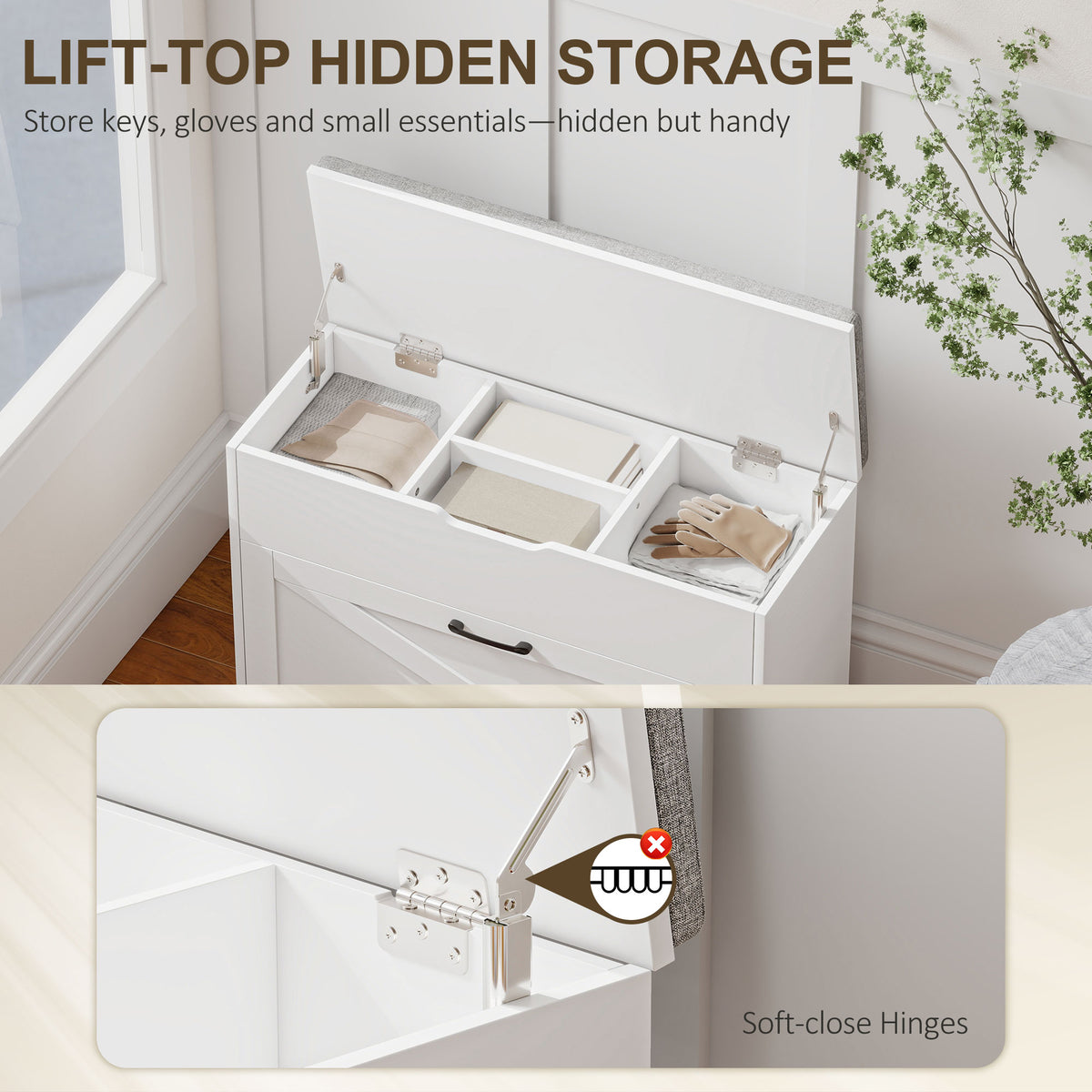 Shoe Storage Bench with Flip Drawer and Lift Top Storage, Entryway Bench with Seat Cushion for Hallway – view 19