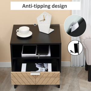 Modern Bedside Table with Drawer, Nightstand with Storage Shelf, Sofa End Table for Bedroom, Black and Oak