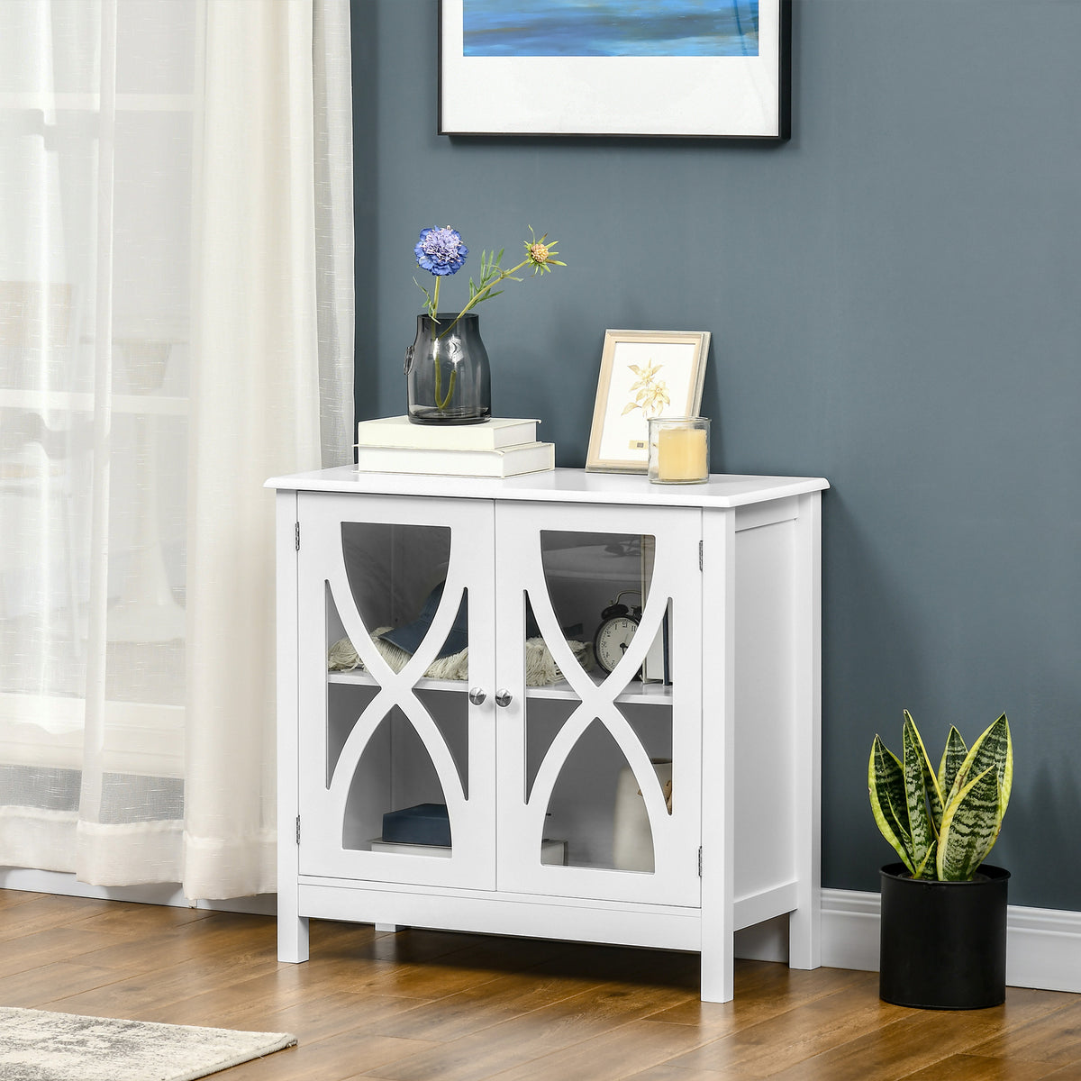 Kitchen Sideboard, Glass Door Buffet Cabinet, Bathroom Storage Cabinet with Adjustable Storage Shelf for Dining Room, Living Room, White