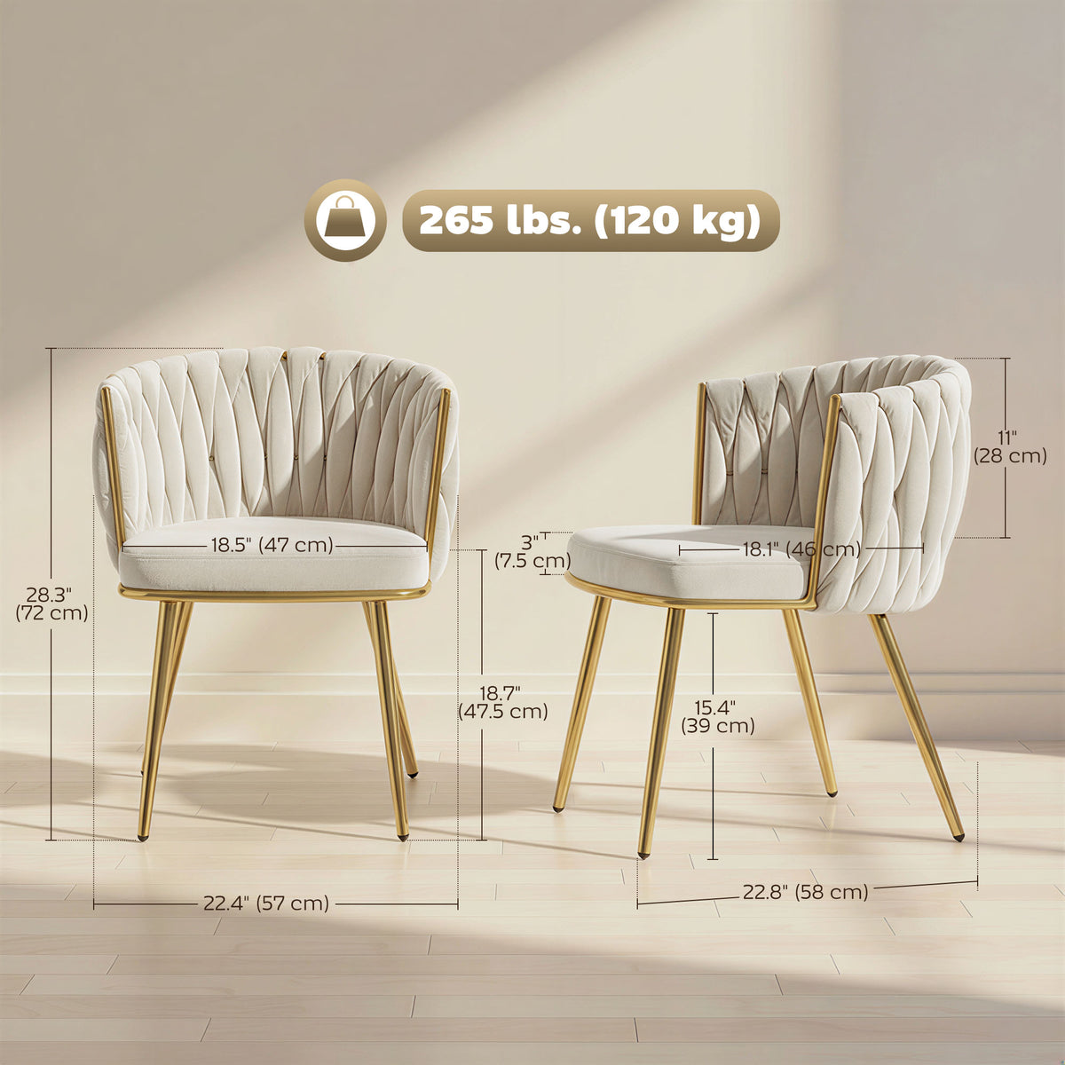 Modern Dining Chairs Set of 2, Velvet-Feel Upholstered Kitchen Chairs with Woven Backrest and Metal Legs, Cream White