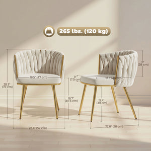 Modern Dining Chairs Set of 2, Velvet-Feel Upholstered Kitchen Chairs with Woven Backrest and Metal Legs, Cream White