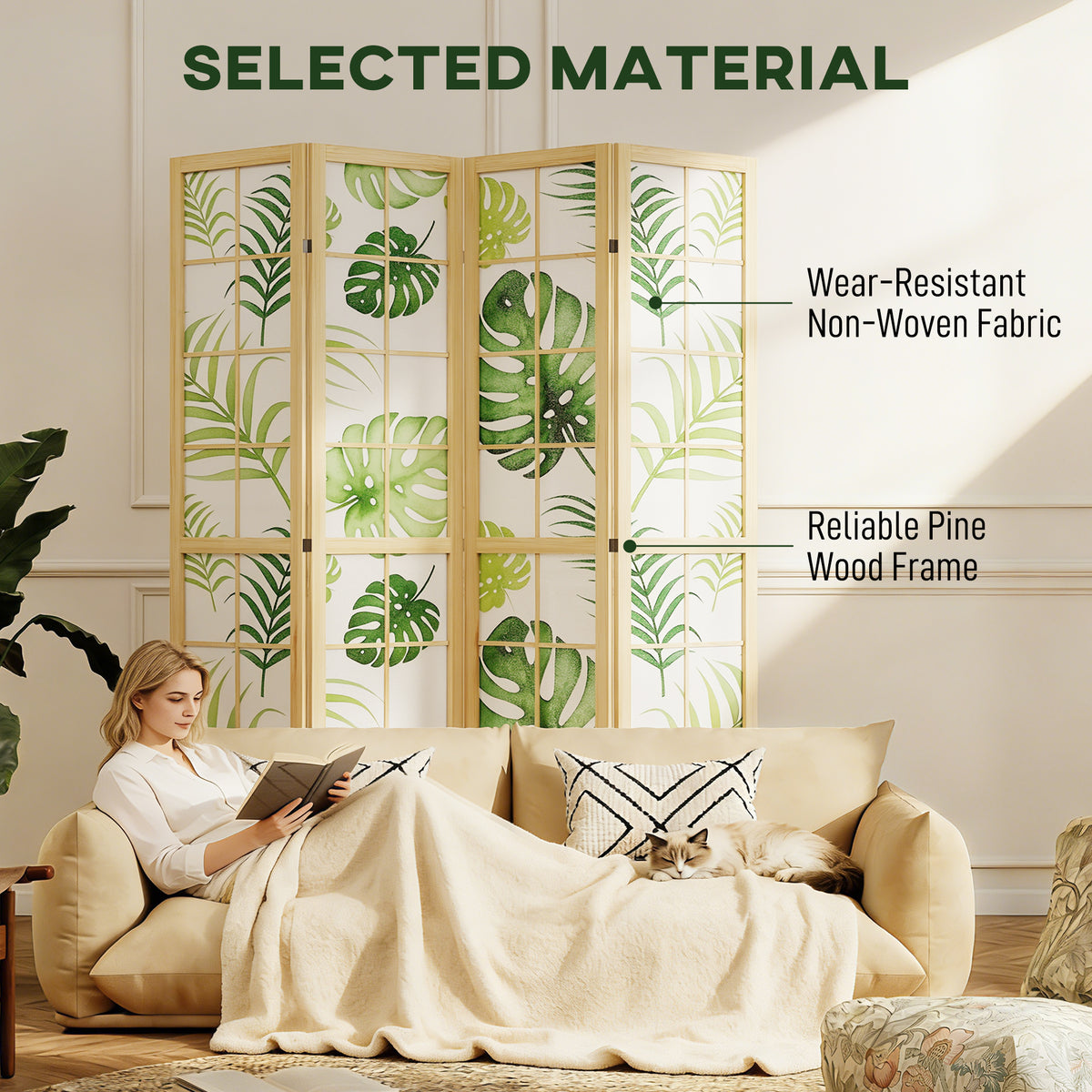 4 Panel Folding Privacy Screen, 67" Room Divider with Palm Leaf Design for Living Room Bedroom, Natural and Green