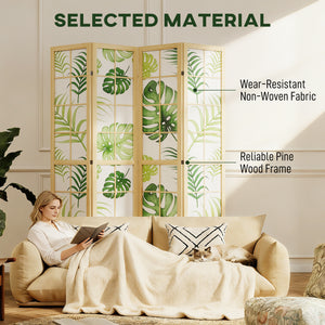 4 Panel Folding Privacy Screen, 67" Room Divider with Palm Leaf Design for Living Room Bedroom, Natural and Green