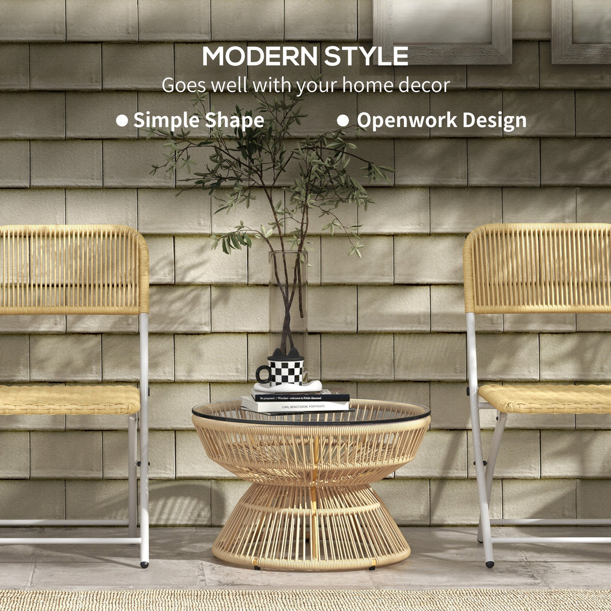 Rattan Outdoor Coffee Table, Patio End Table with Tempered Glass Tabletop & Steel Frame, Wicker Furniture, Nature Wood