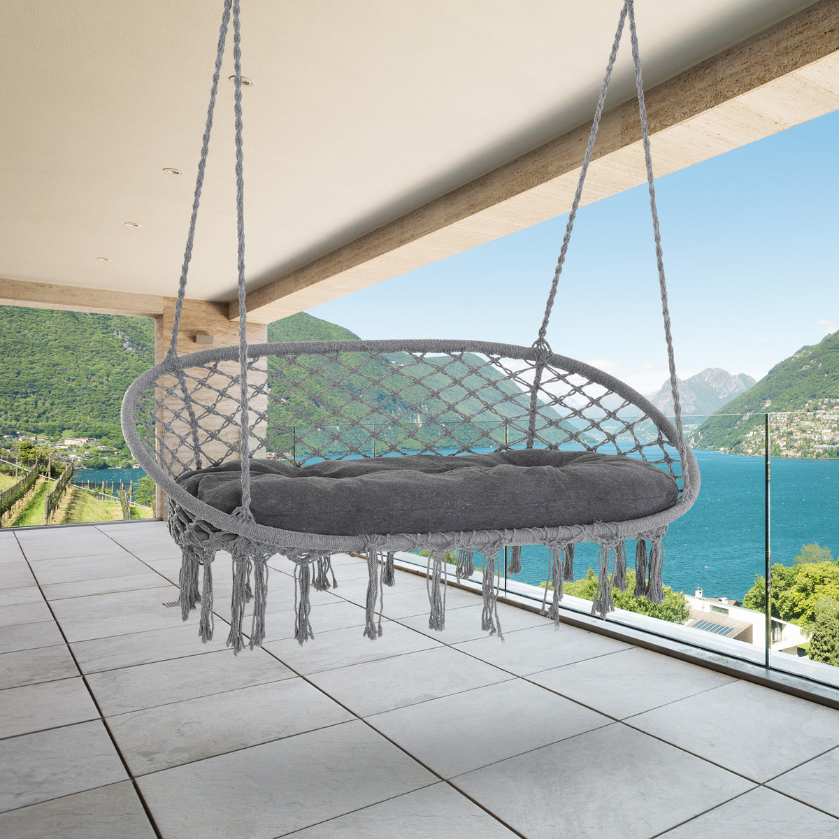 Patio Hammock Chair 2 Seat, Hanging Rope Hammock Swing Chair with Metal Frame and Cushion, Large Macrame Seat for Indoor and Outdoor 396 lbs Capacity, Dark Grey