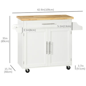 Kitchen Island with Storage, Rolling Cart Trolley with Rubberwood Top, Adjustable Shelf, Drawer, Spice Rack, White