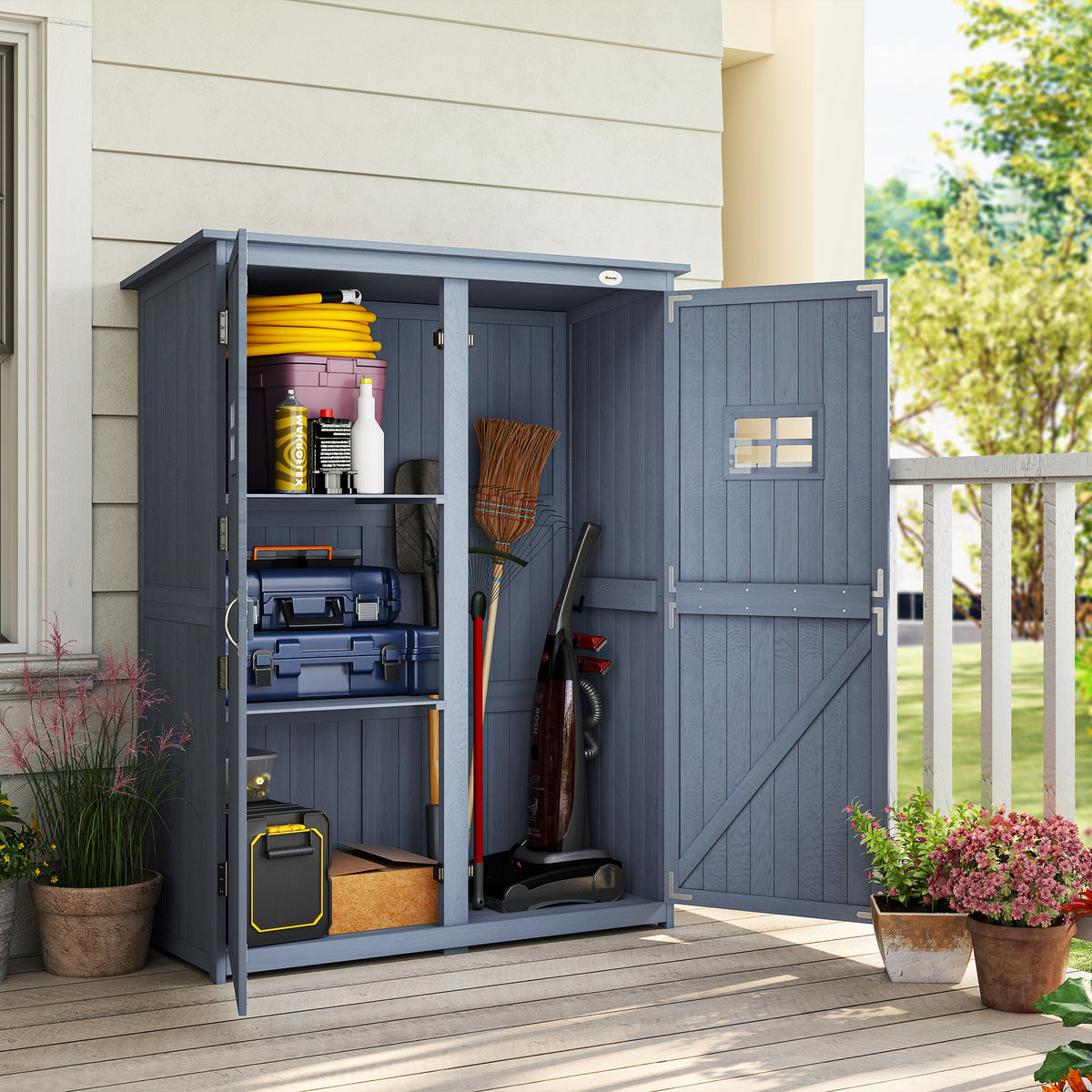 4x1.5ft Wooden Garden Storage Shed, Outdoor Tool Cabinet Organizer with Windows and Double Door, Nature Wood