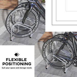 2-Bike Adjustable Bike Rack, Steel Bike Stand, Ground Mount Garage Organizer for Indoor and Outdoor Use, Silver