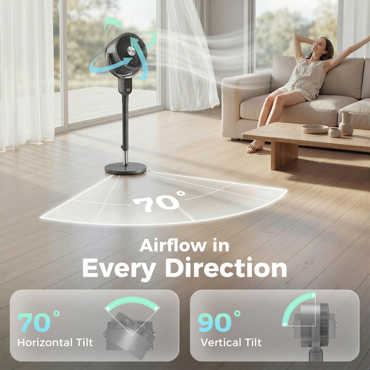 20dB Standing Fan for Bedroom, 70°+90° Auto Oscillating Fan with 8 Speeds, Remote Control, 12H Timer, Adjustable Height