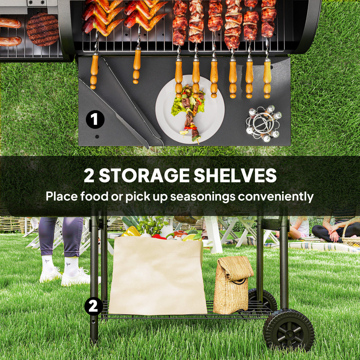 Portable Outdoor Charcoal BBQ Grill with Offset Smoker, Barbecue Grill with Spacious Cooking Area, 2 Shelves, Thermometer, Wheels for Patio Backyard Party, Black