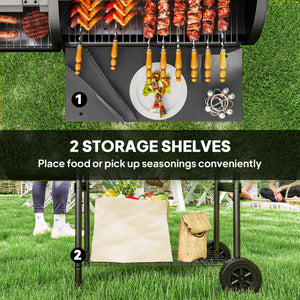 Portable Outdoor Charcoal BBQ Grill with Offset Smoker, Barbecue Grill with Spacious Cooking Area, 2 Shelves, Thermometer, Wheels for Patio Backyard Party, Black