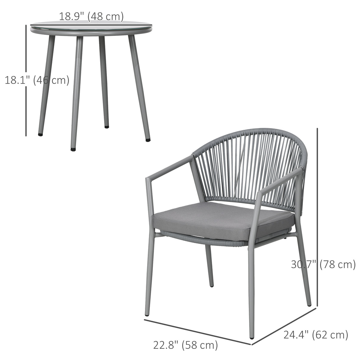 3-Piece Rattan Bistro Set, Garden Seating Group with 2 Armchairs and Coffee Table, Balcony Furniture Set, Grey