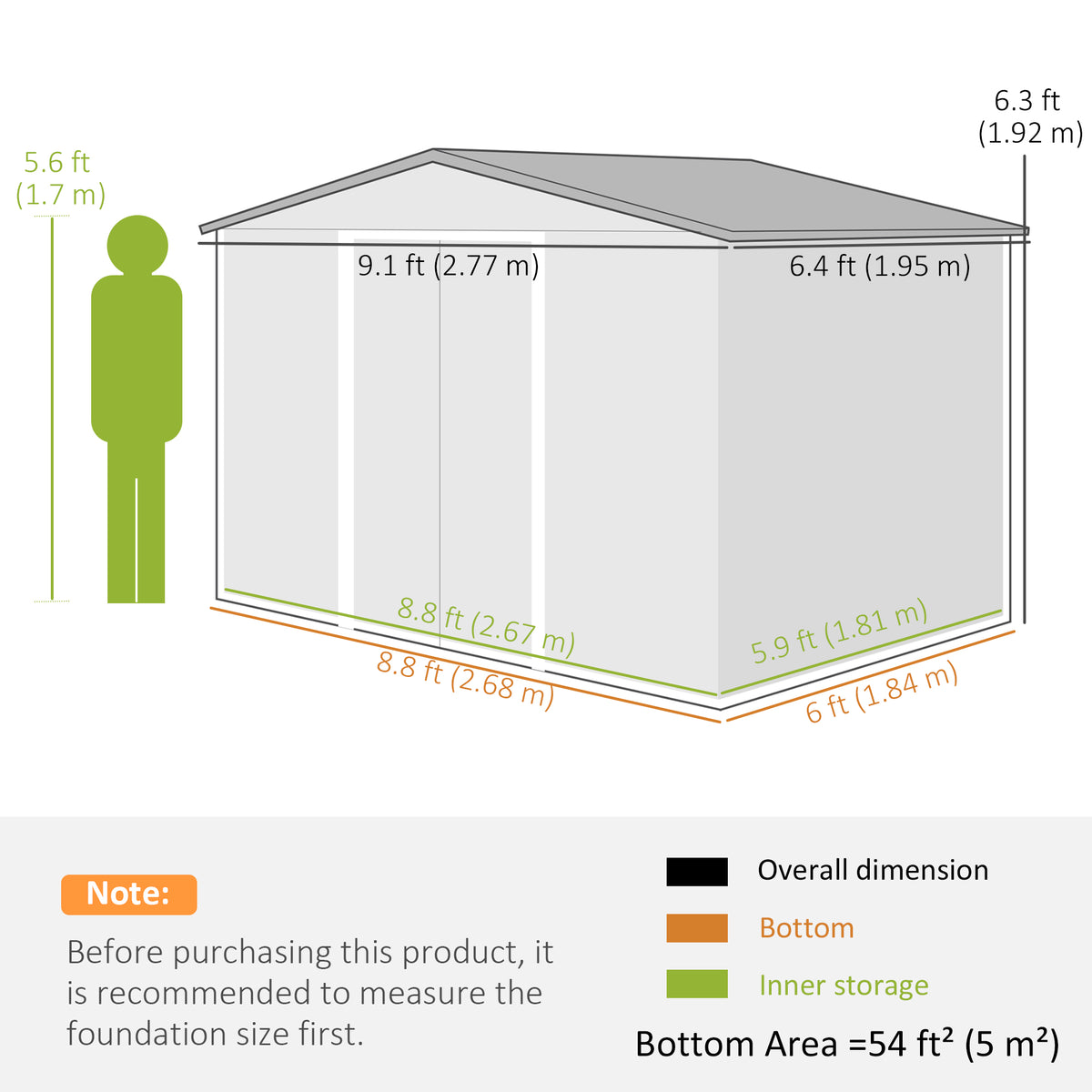 9.1'x6.4'x6.3' Garden Storage Shed w/ Foundation Kit Metal Tool Storage House w/ Double Doors Brown