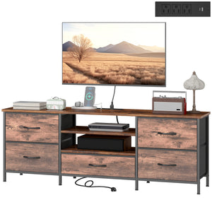 TV Stand for TVs up to 65 Inch, Industrial TV Console with Charging Station, 5 Drawers and Open Shelves