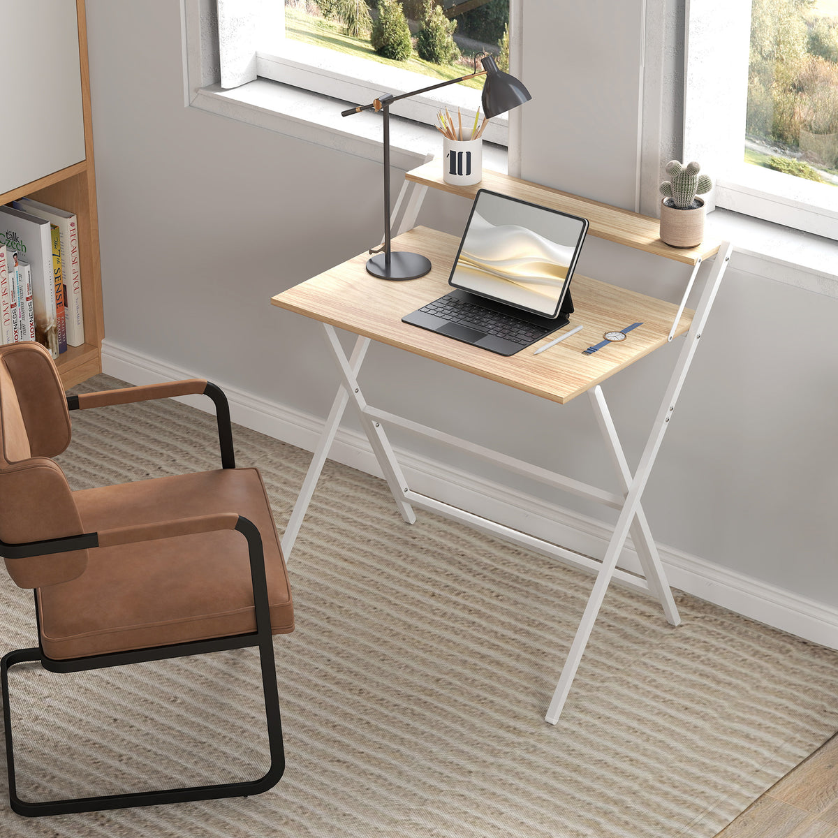 Folding Computer Desk, 32" Foldable Desk with Monitor Shelf for Small Space, Home Office, Easy Assembly, Natural Wood