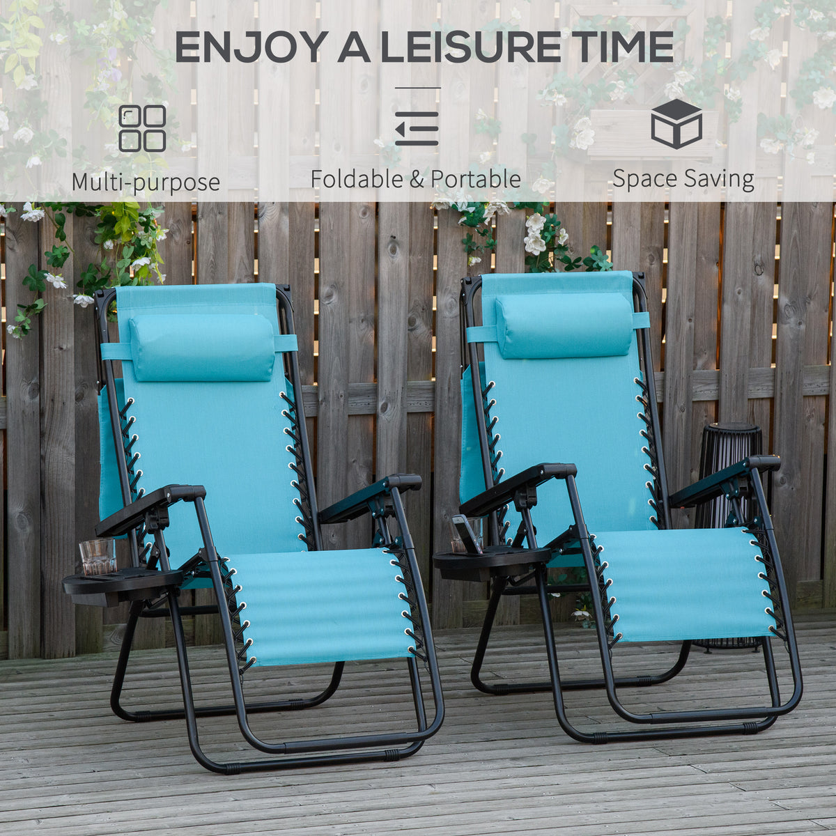2 Piece Foldable Lounge Chair with Canopy Shade, Outdoor Zero Gravity Chair w/ Side Tray & Cup Holder – view 5