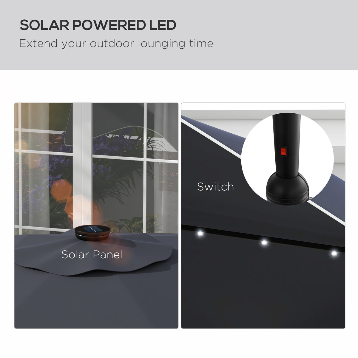 Solar Patio Umbrella with LED and Tilt, Outdoor Market Table Umbrella Parasol with Crank, 10 x 10 ft, Dark Grey