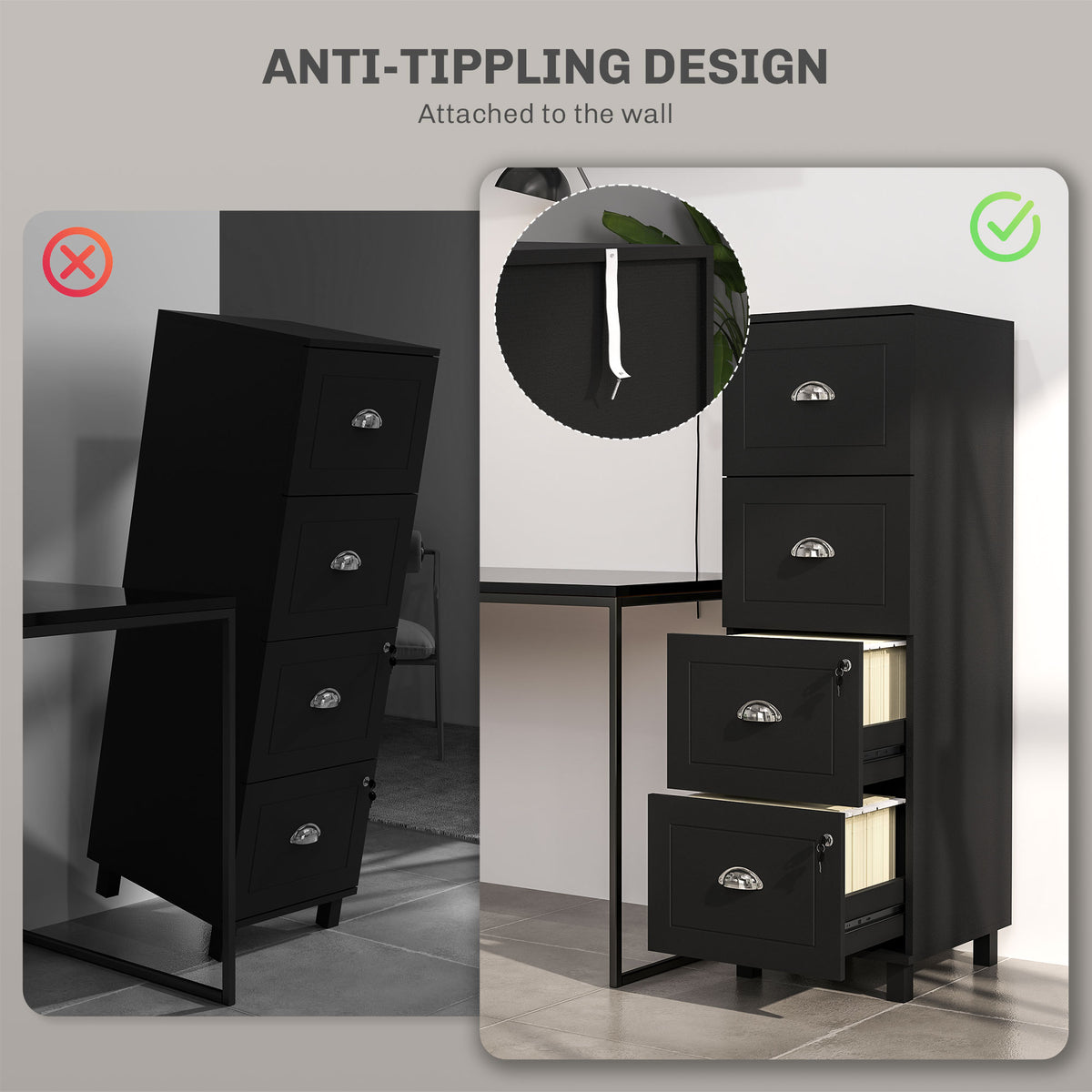 4 Drawer File Cabinet with Lock, Office Filing Cabinet, A4 Letter Size, Hanging File Folders, Black – view 7