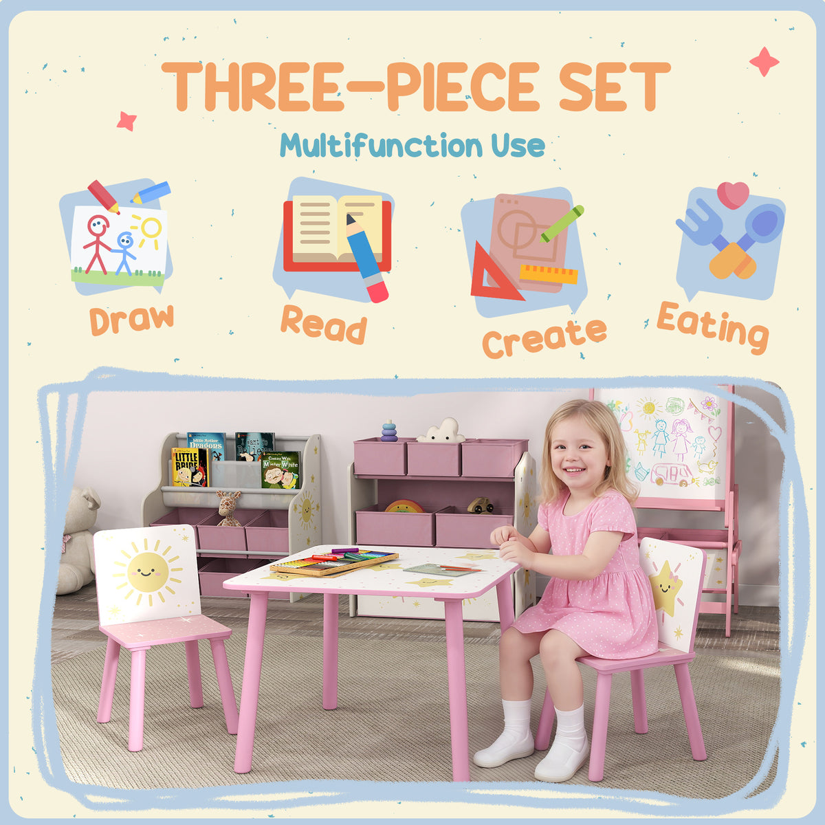 Qaba 3-Piece Kids Table and Chair Set with Animal Pattern for Boys and Girls Aged 3-8, Bedroom, Nursery, Playroom
