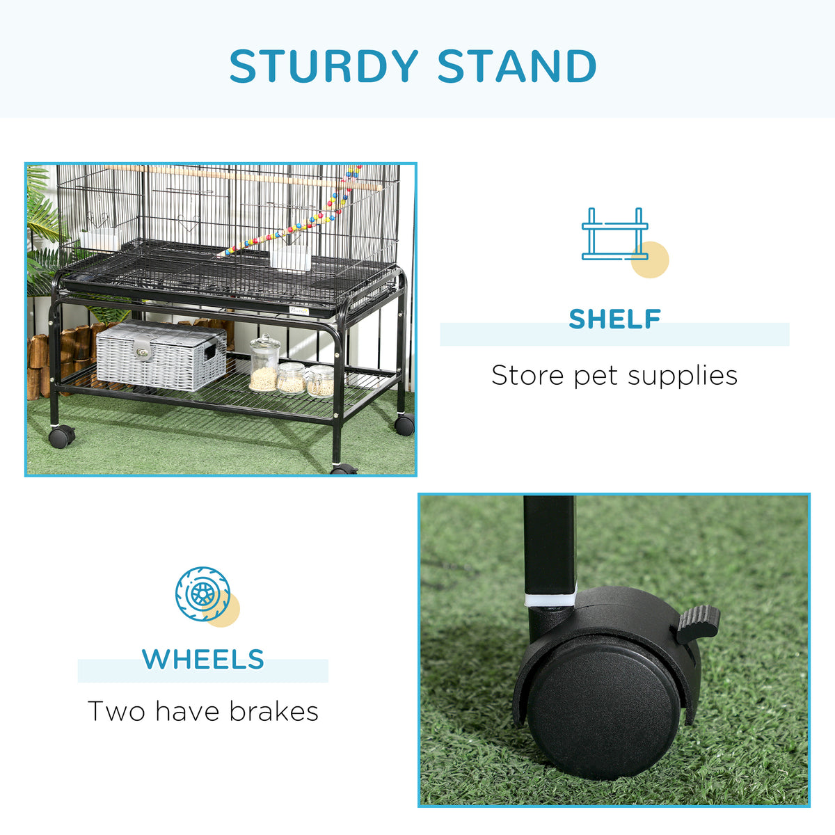 52" Bird Cage with Rolling Stand, Toys, for Budgies Canaries Black – view 6