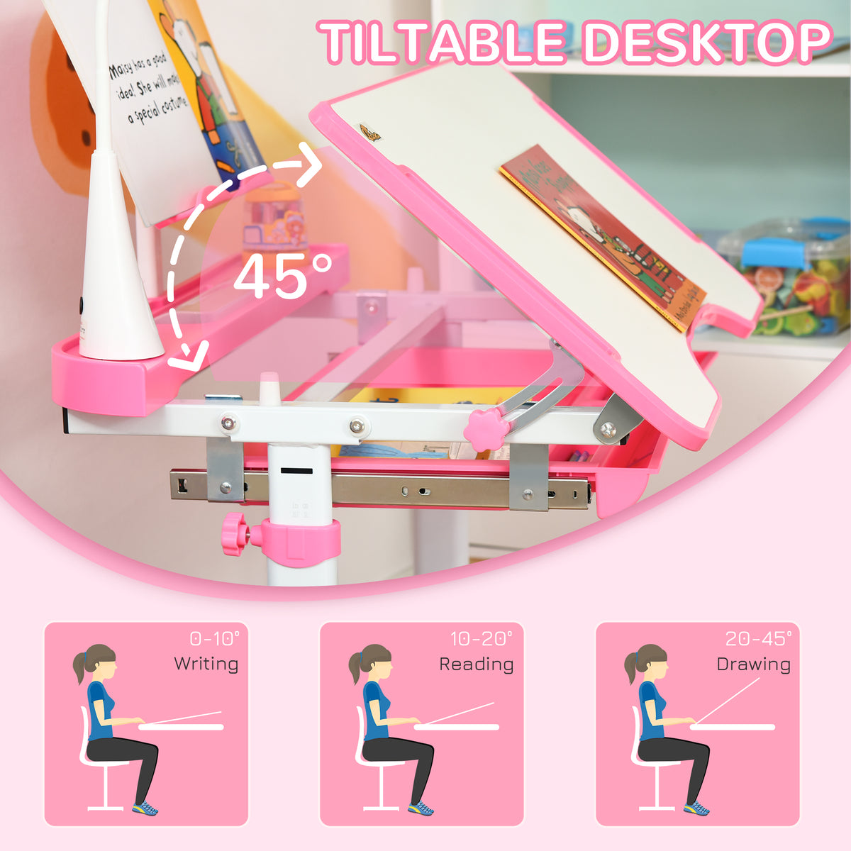 Qaba Kids Desk and Chair Set Height Adjustable Student Writing Desk Children School Study Table with Tilt Desktop