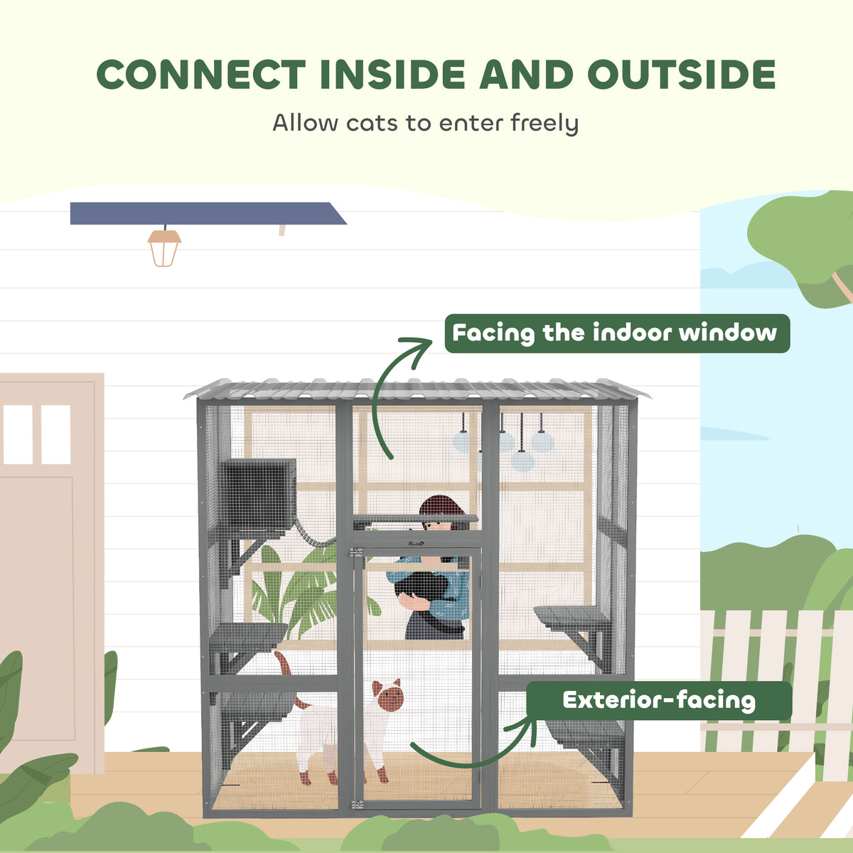 Large Outdoor Catio with Weatherproof Roof, Bridge, Resting Box, Platforms, Grey – view 3