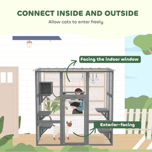 Large Outdoor Catio with Weatherproof Roof, Bridge, Resting Box, Platforms, Grey – view 3