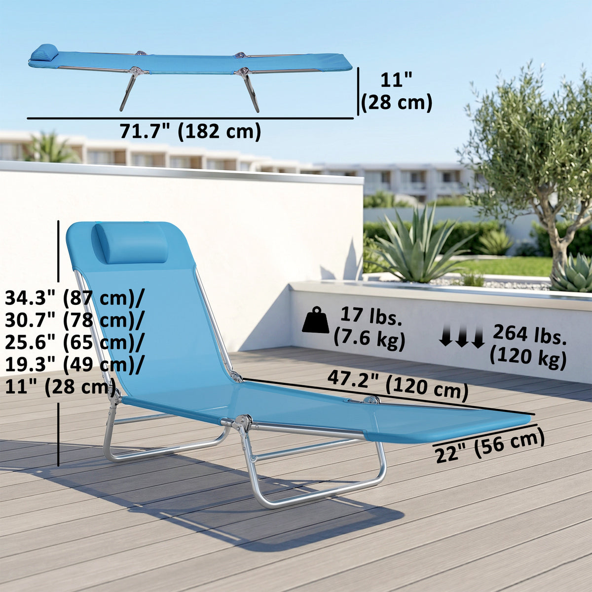 Set of 2 Folding Chaise Lounge Chairs, Outdoor Poolside Sun Tanning Chairs w/ Pillow, Reclining Backrest – view 2