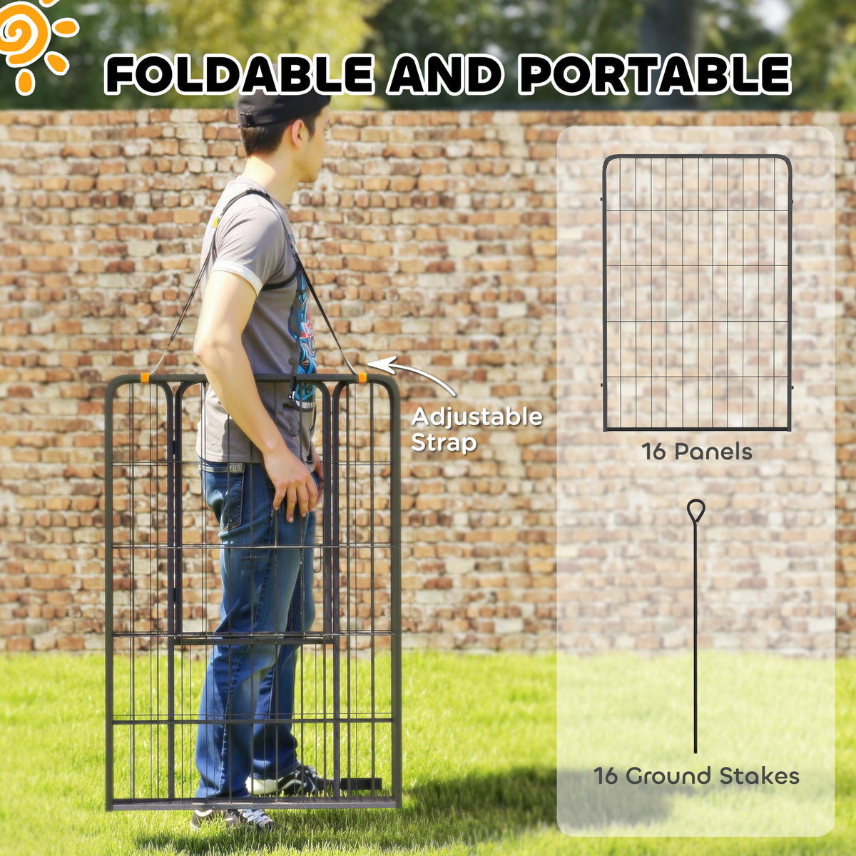 16 Panels Dog Playpen with Straps, Portable & DIY, for Small Dogs, for Yard, RV, Camping, Garden, 24" Height