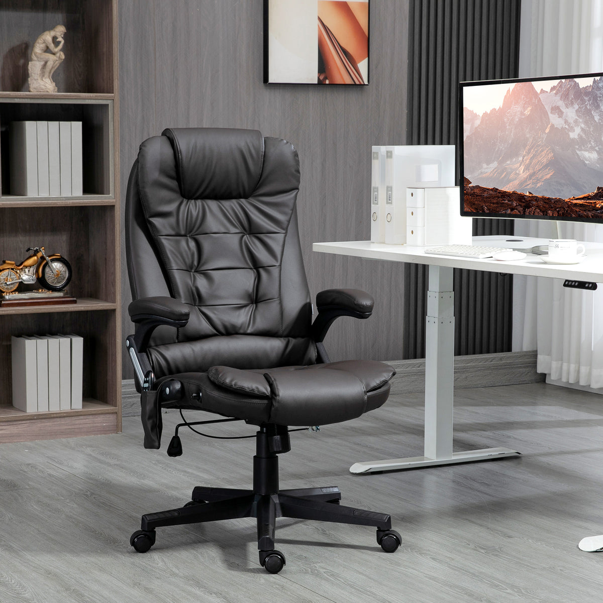 Office Chair Heated Ergonomic Massage Swivel Vibrating High Back Faux Leather Executive Chair Office (Brown)