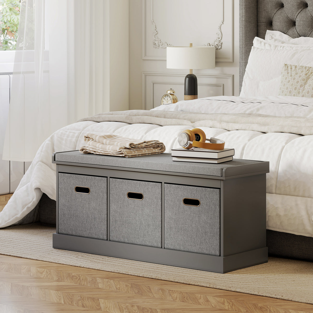 Shoe Storage Bench with Seat, Entryway Bench Seat with Cushion, 3 Fabric Drawers for Hallway, Dark Grey – view 6