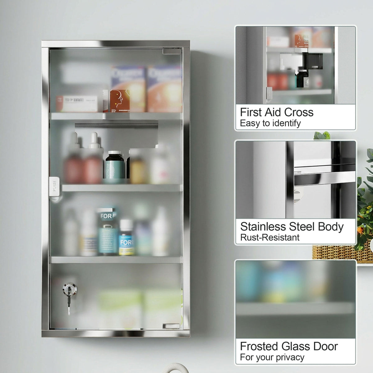 Wall Mount Medicine Cabinet, Bathroom Cabinet with 3 Tier Shelves, Stainless Steel Frame and Glass Door, Lockable with 2 Keys, Silver, 12" x 23.5"