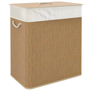 Double Laundry Basket with Lid, 100L Bamboo Laundry Hamper with Rope Handles and Removable Bags, Brown