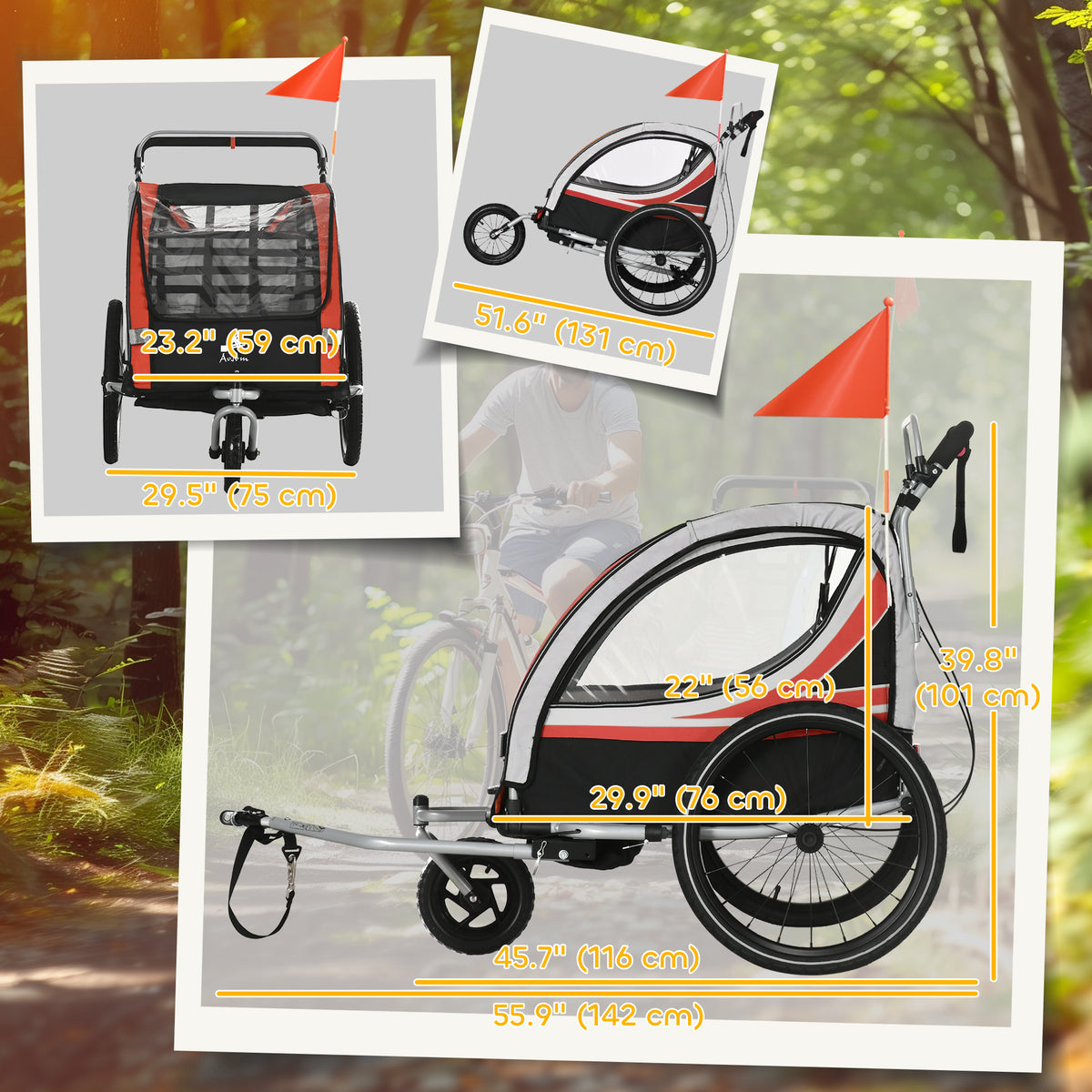 Aosom 3-in-1 Bike Trailer for Kids, Running Stroller with 2 Seats, Jogging Cart with 5-Point Harness, Storage Units